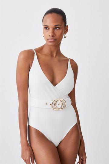 Wrap Front Belted Swimsuit ivory