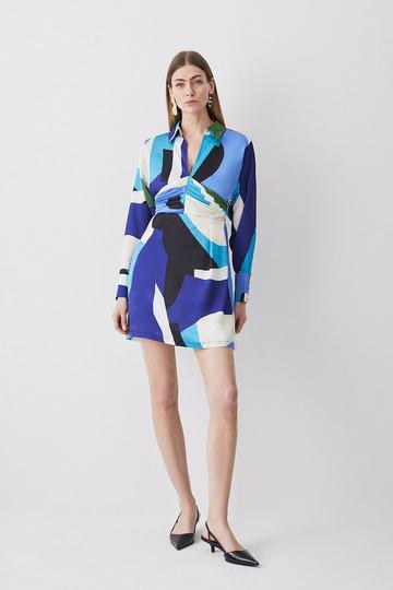 Blue Abstract Color Block Draped Satin Mini Dress