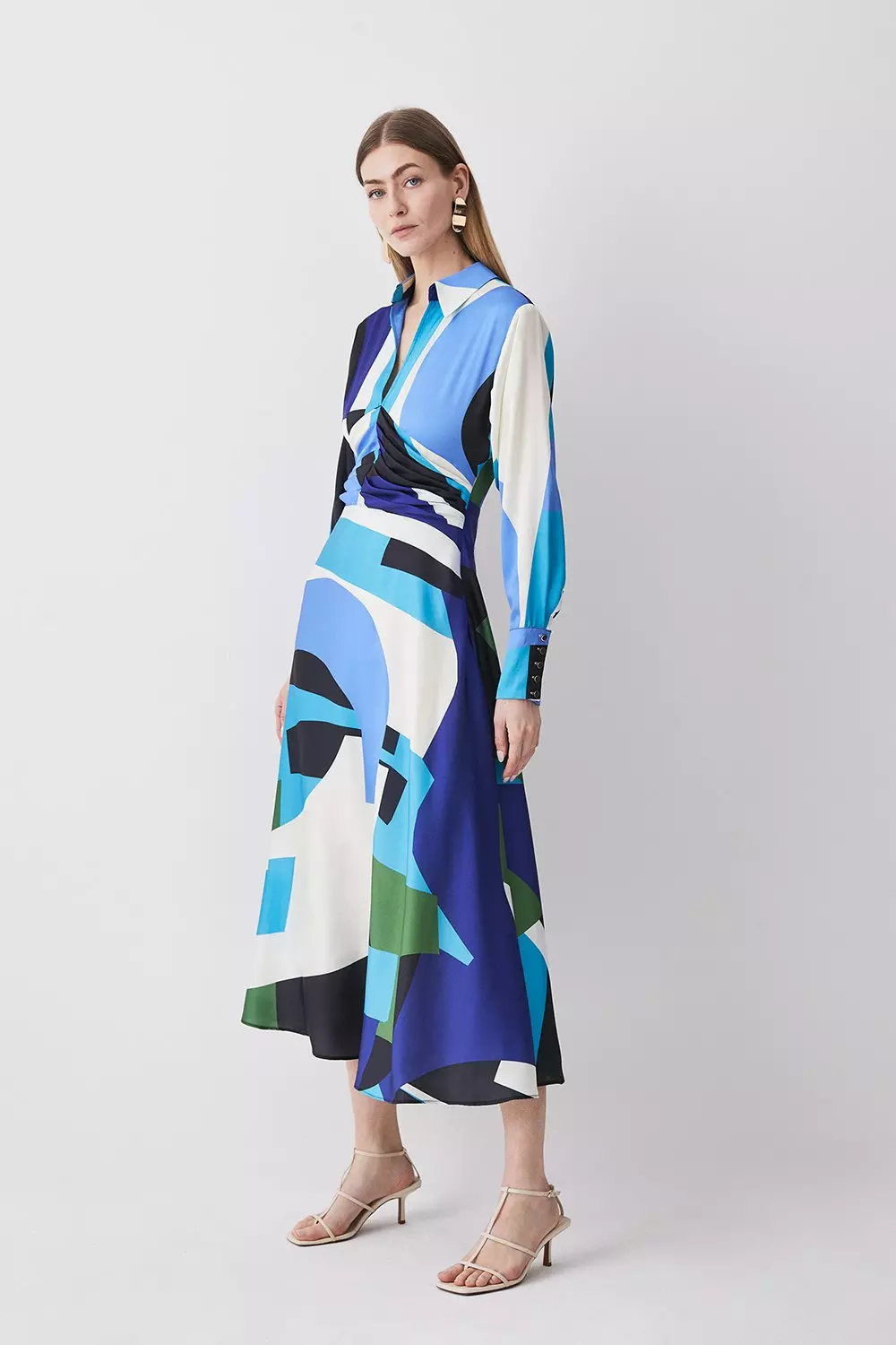 Abstract Color Block Draped Satin Midi Dress Karen Millen