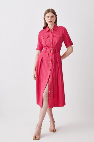 Premium Linen Woven Shirt Dress hot pink