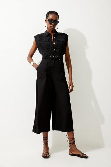 Black Topstitch Belted Premium Linen Viscose Jumpsuit