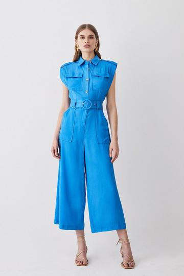Blue Topstitch Belted Premium Linen Viscose Jumpsuit