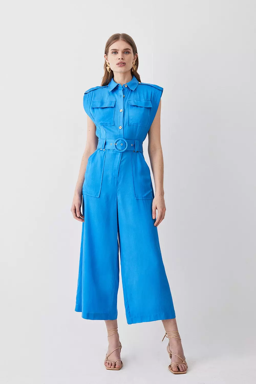 Topstitch Belted Premium Linen Viscose Jumpsuit