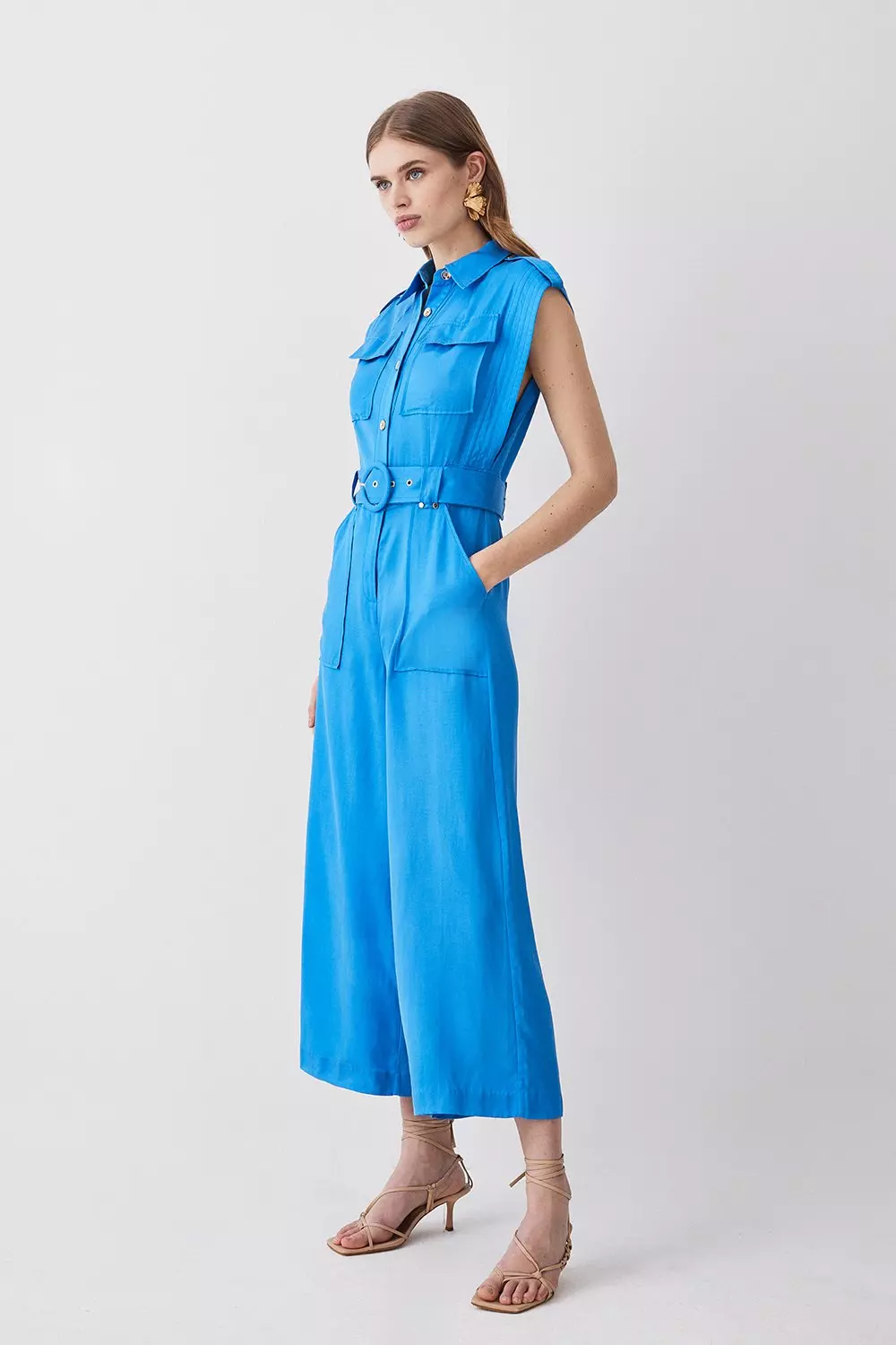 Topstitch Belted Premium Linen Viscose Jumpsuit | Karen Millen