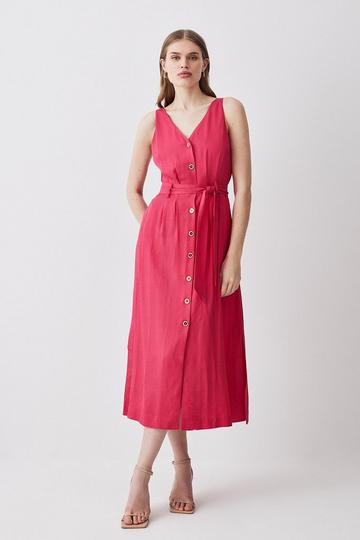 Pink Belted Premium Linen Woven Midi Dress