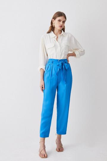 Blue Premium Linen Viscose Belted Woven Pants