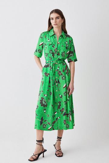 Petite Floral Batik Premium Linen Woven Shirt Dress green