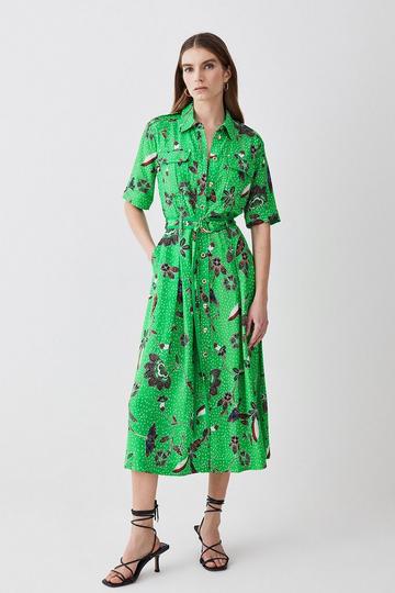 Green Floral Batik Premium Linen Woven Shirt Dress