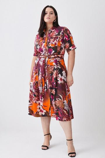 Plus Size Tropical Floral Premium Linen Woven Shirt Dress orange