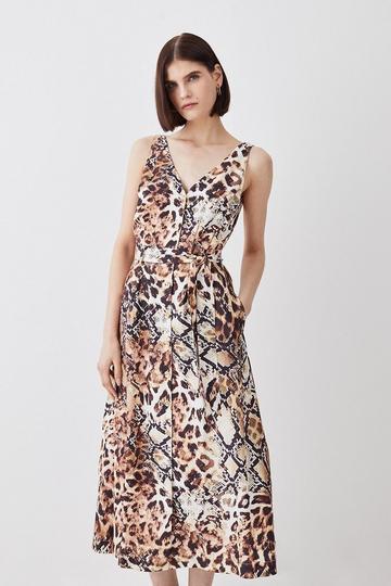 Animal Print Belted Premium Linen Woven Midi Dress animal