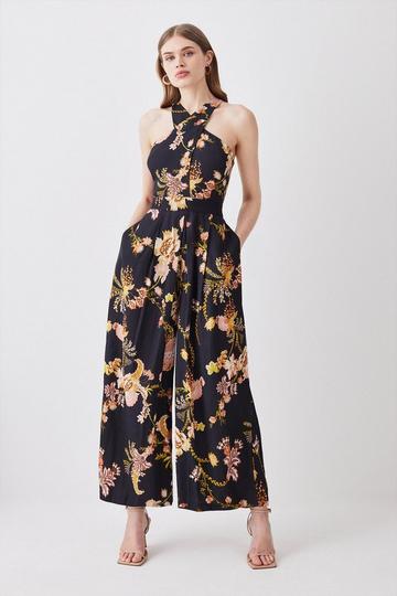 Floral Premium Linen Viscose Halter Woven Jumpsuit floral