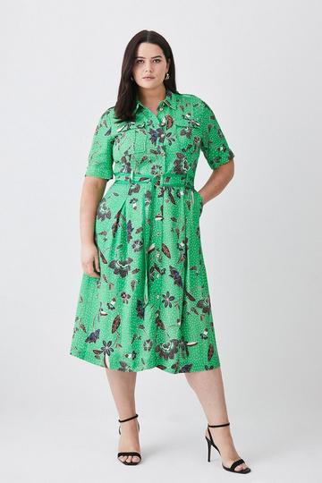 Plus Size Floral Batik Premium Linen Woven Shirt Dress green