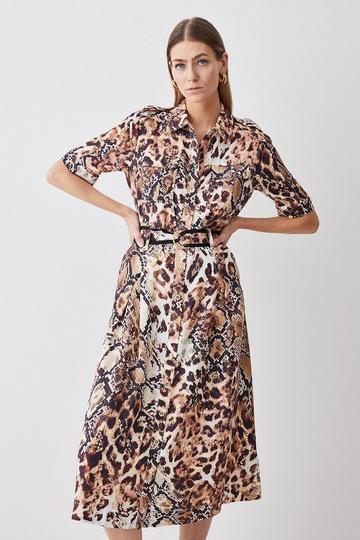 Animal Print Premium Linen Woven Shirt Dress animal