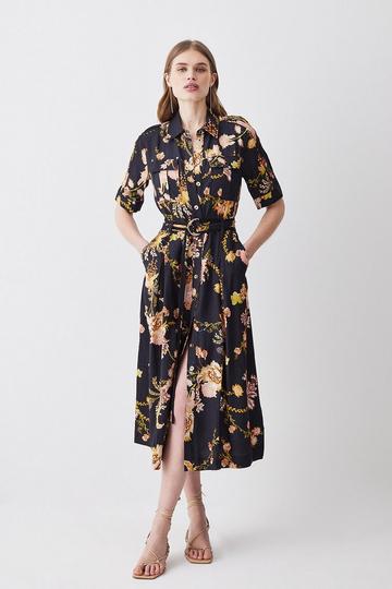 Multi Floral Premium Linen Woven Shirt Dress