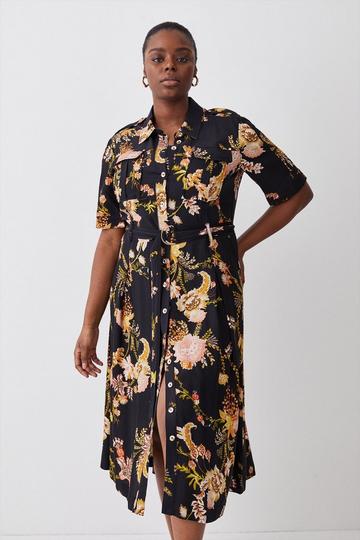 Multi Plus Size Floral Premium Linen Woven Shirt Dress