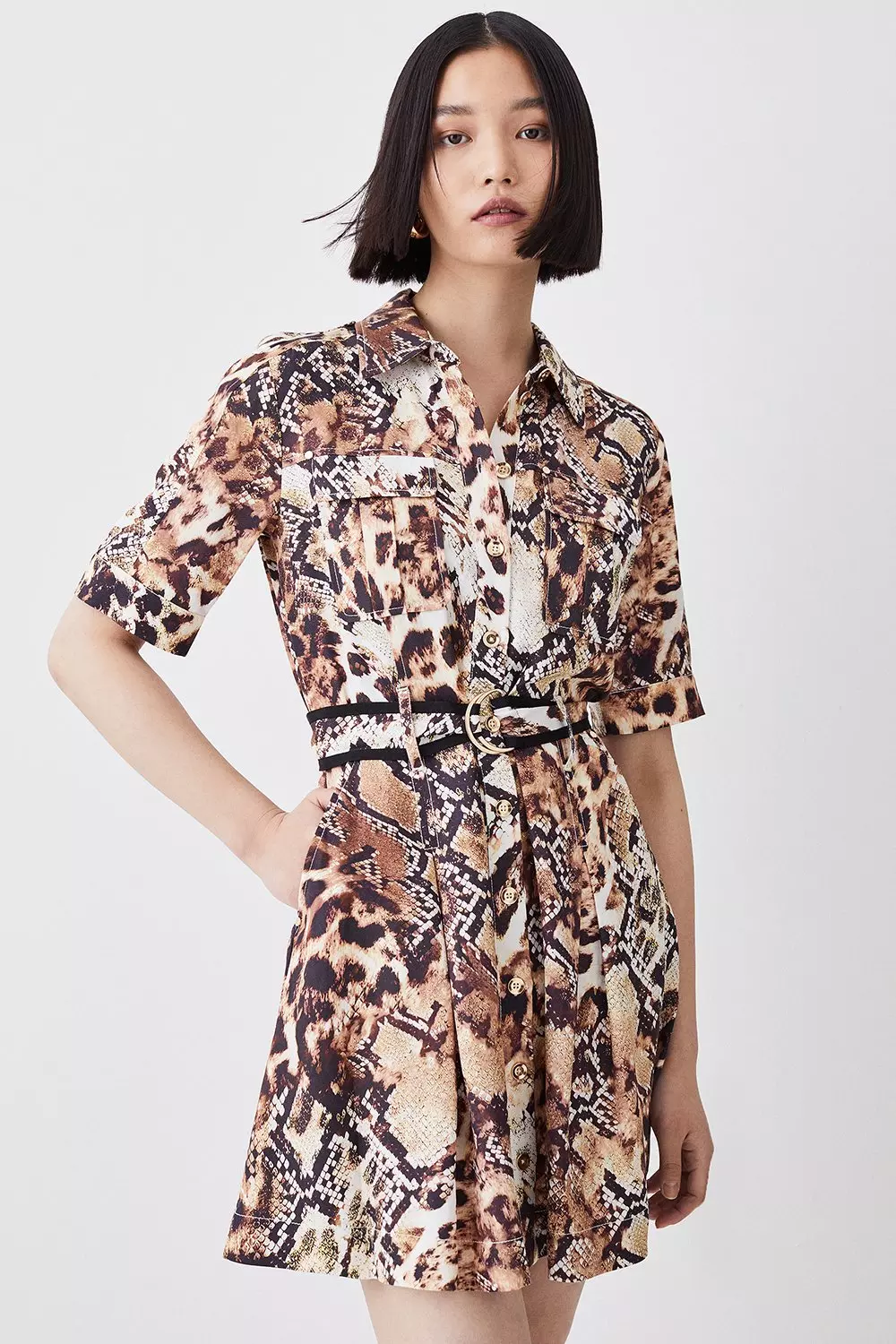 Animal Print Premium Linen Mini Shirt Dress Karen Millen