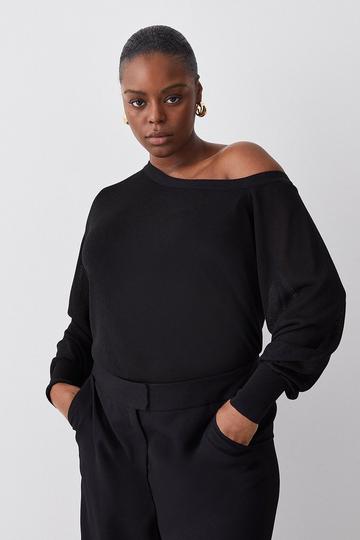 Black Plus Size Viscose Blend Knit Off The Shoulder Long Sleeve Jumper