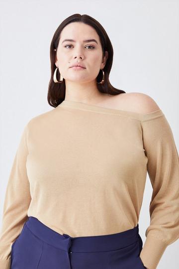 Plus Size Knitted Off The Shoulder Long Sleeve Sweater camel