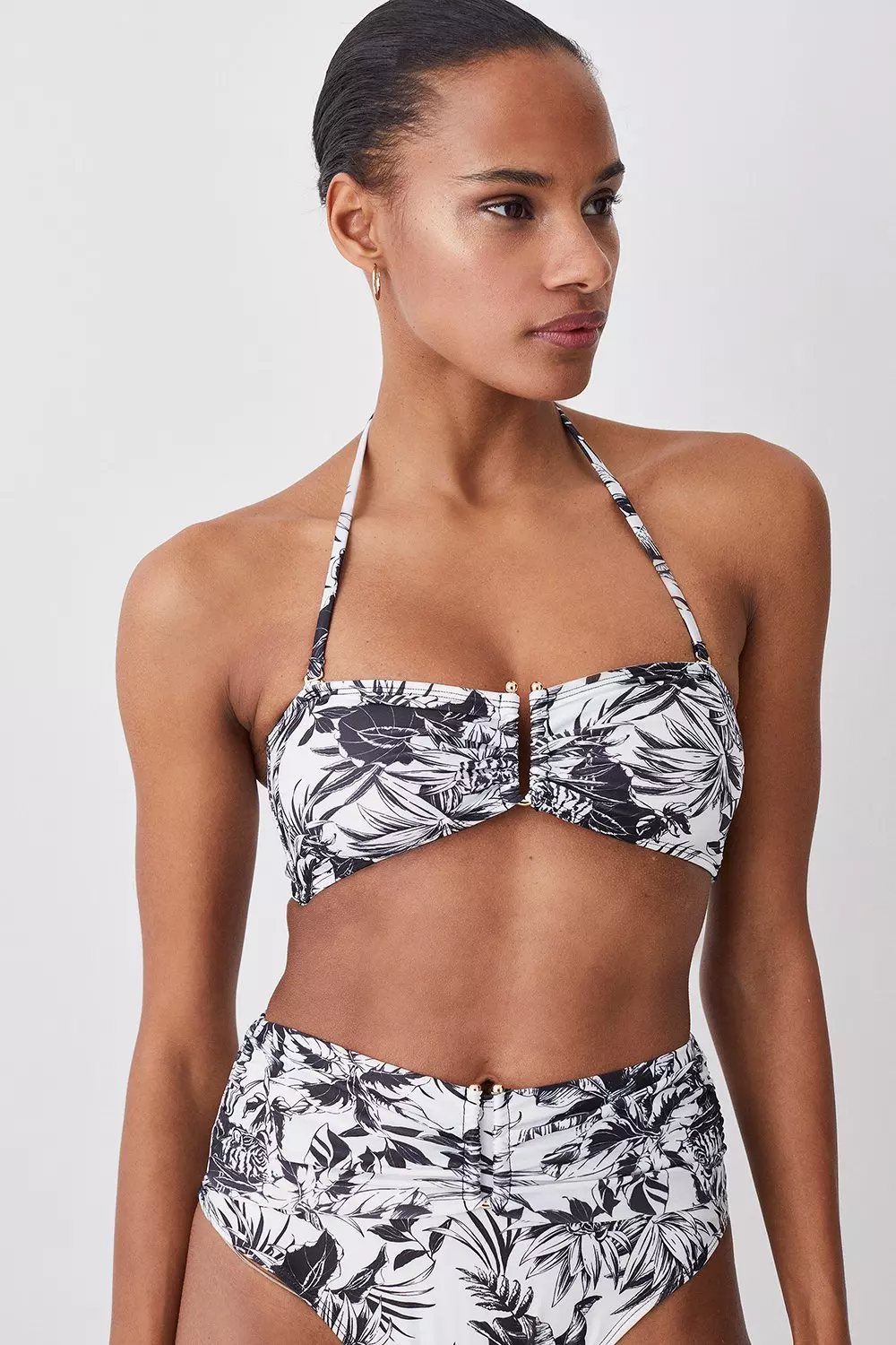 Mono Print Ruffle Bikini Top With Detachable Straps