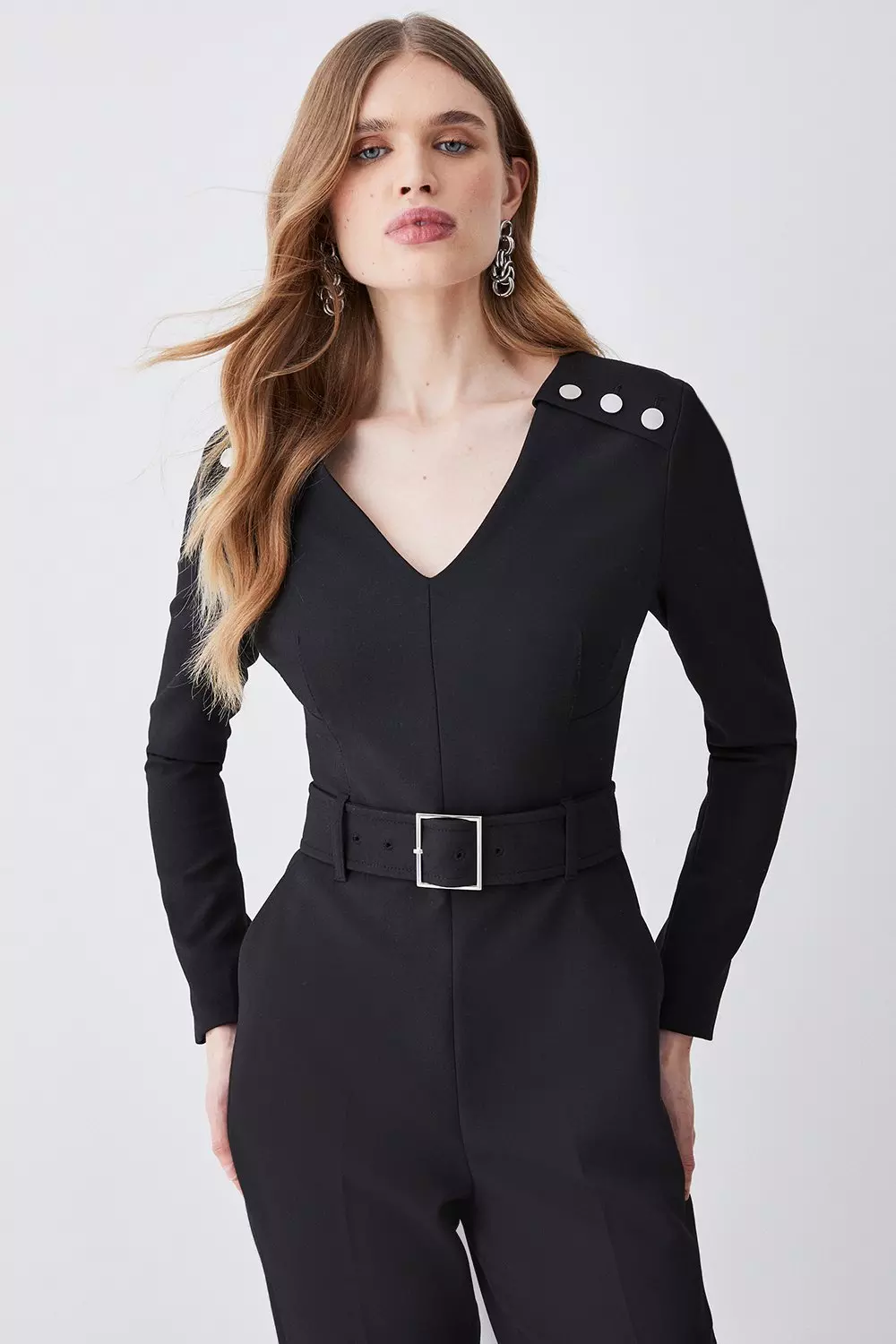 Compact Stretch Button Detail Shoulder Slim Leg Jumpsuit | Karen Millen