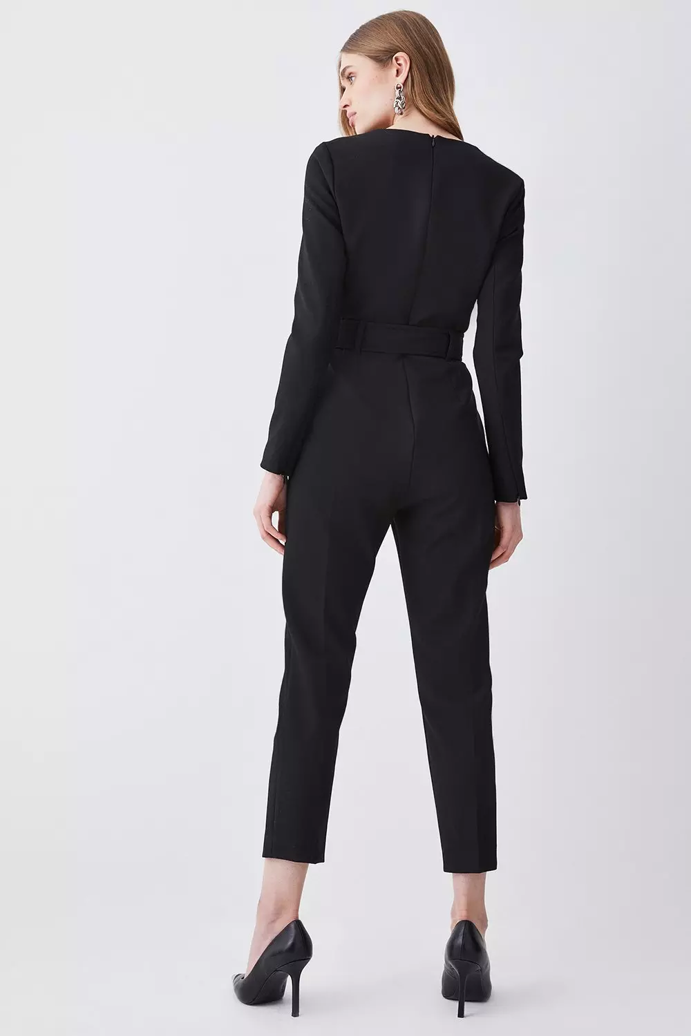 Petite Compact Stretch Button Detail Slim Leg Jumpsuit | Karen Millen