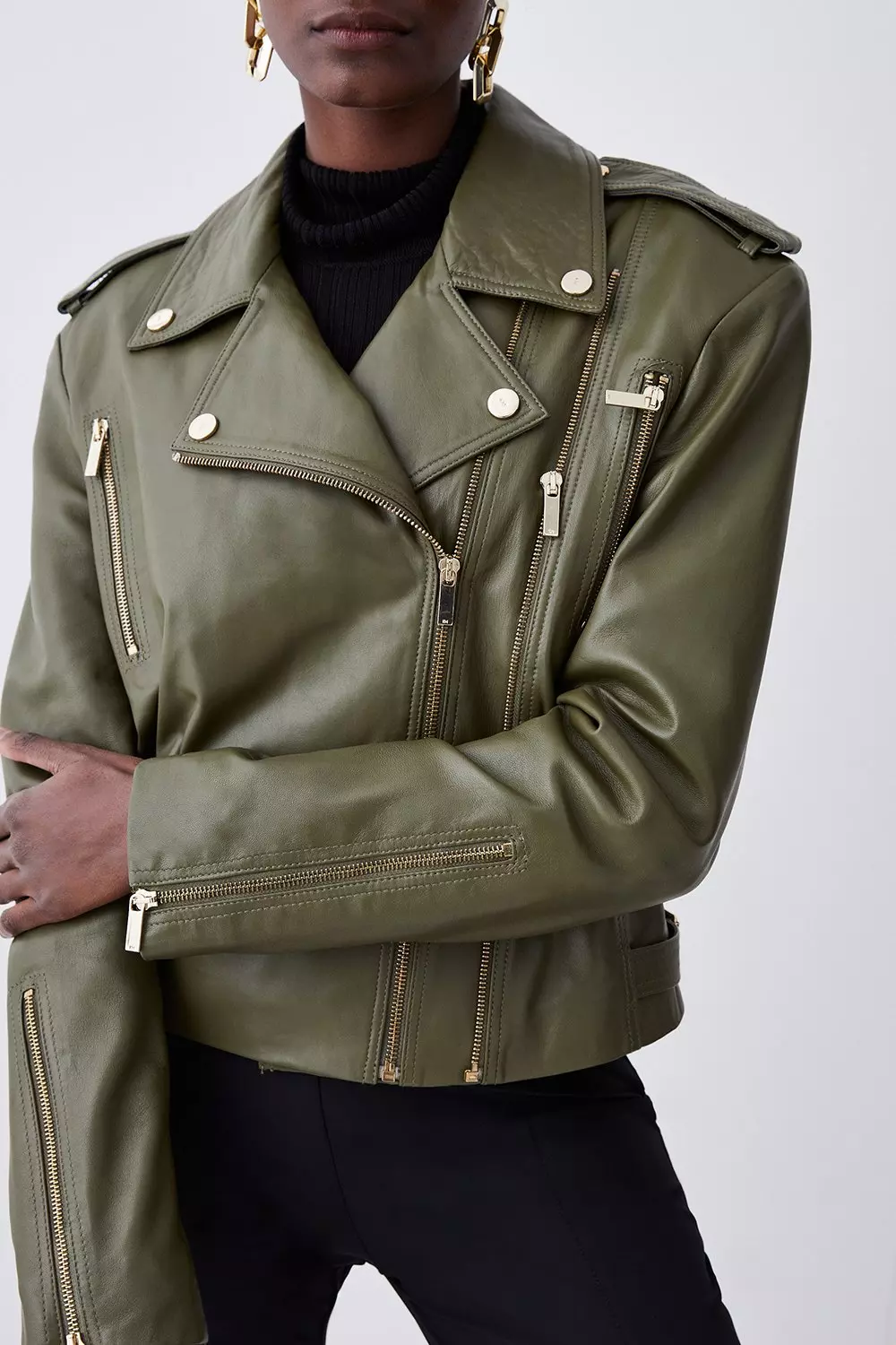 Lucky Brand Women's Helen Leather Moto Jacket, Khaki Olive, S at   Women's Coats Shop