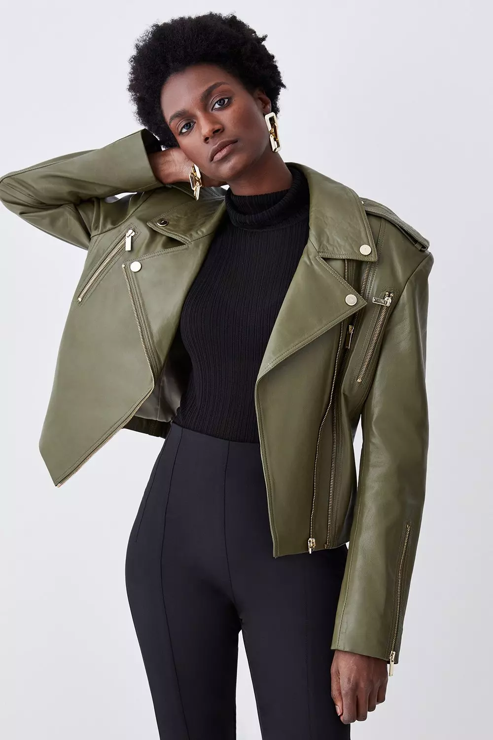 Leather Strong Shoulder Moto Jacket Karen Millen