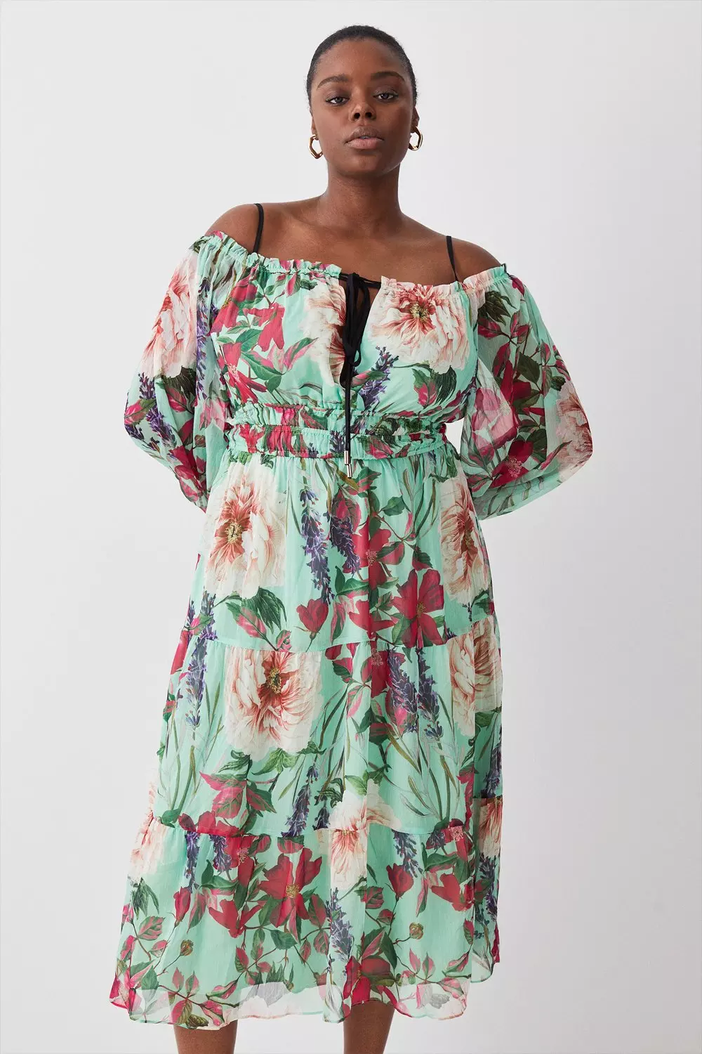Plus Size Garden Botanical Print Bardot Woven Midi Dress | Karen Millen