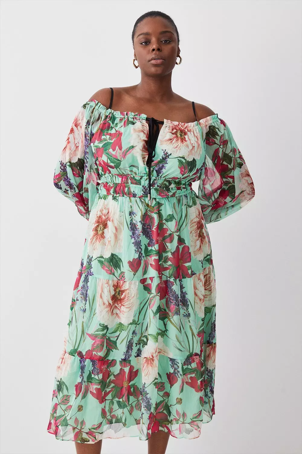 Plus Size Garden Botanical Print Bardot Woven Midi Dress