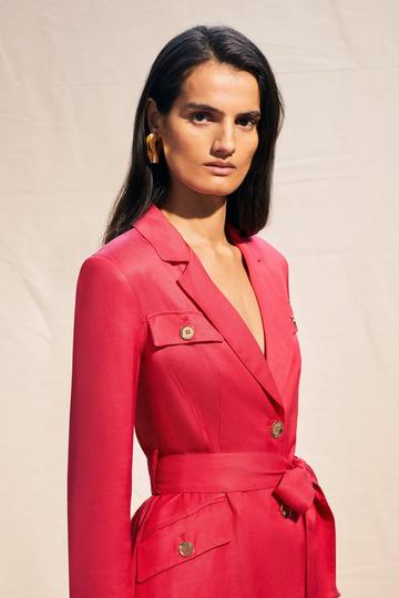 Premium Linen Viscose Belted Woven Jacket hot pink