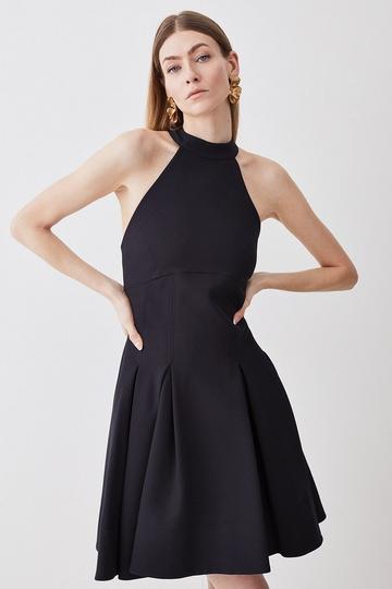 Black Tailored Pleated Halter Mini Dress