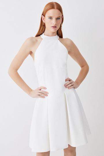 Tailored Pleated Halter Mini Dress ivory