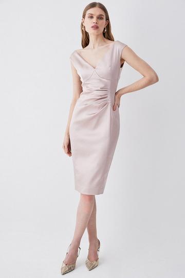 Italian Structured Satin Off The Shoulder Pencil Midi Dress blush