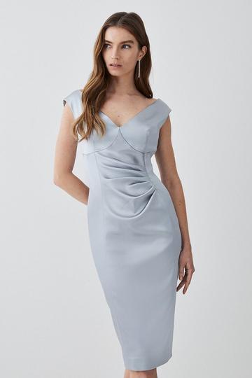 Silver Italian Structured Satin Off The Shoulder Pencil Midi Dress
