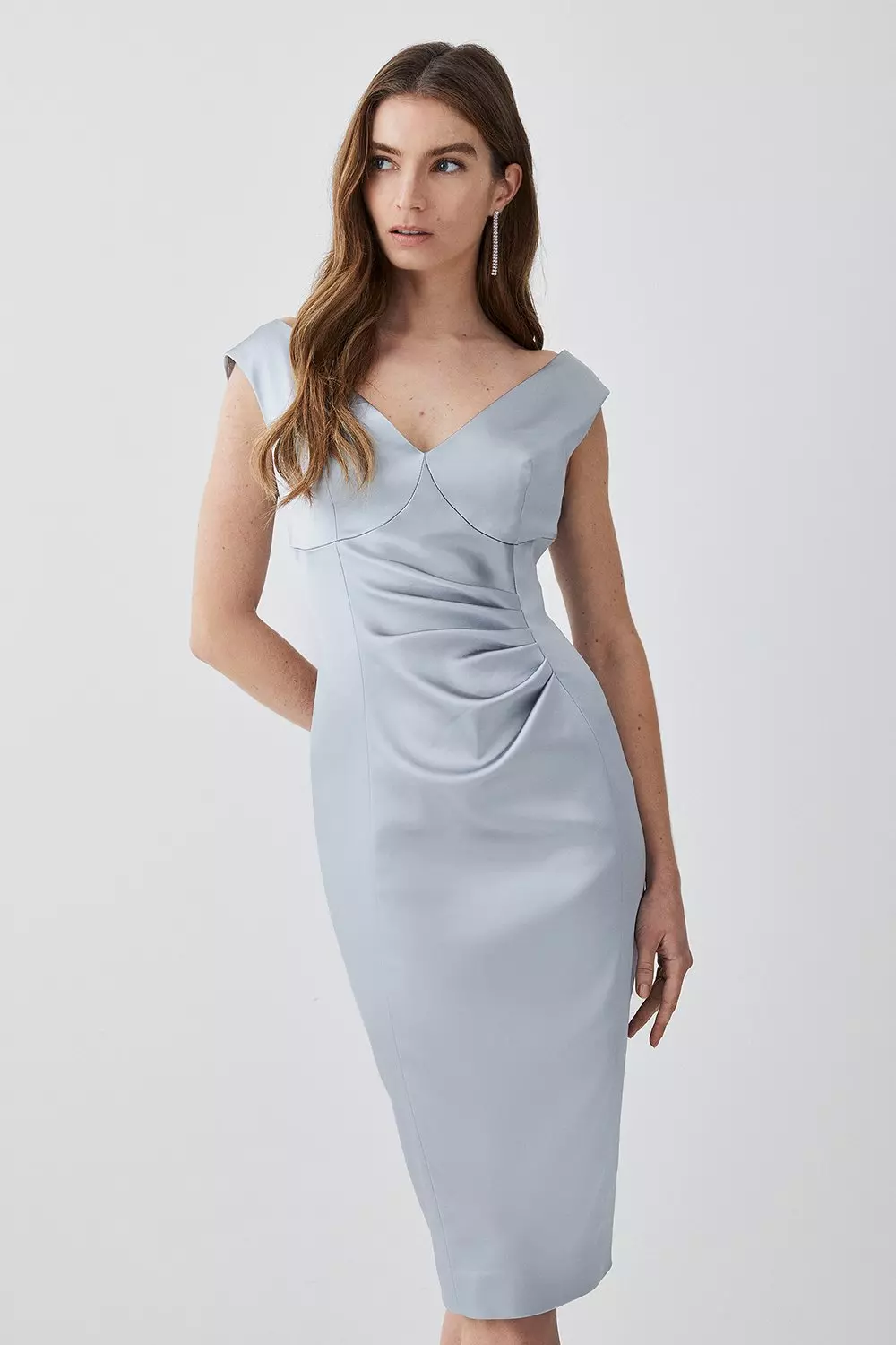 Italian Structured Satin Off The Shoulder Pencil Midi Dress Karen