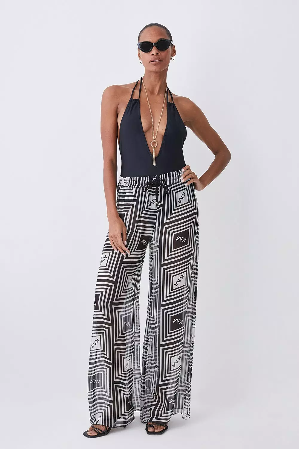 Silk Viscose Km Logo Wide Leg Beach Pants | Karen Millen