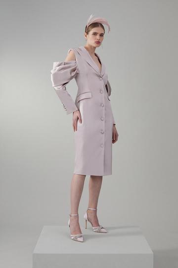 Italian Structured Drape Sleeve Detail Tailored Midi Dress oyster