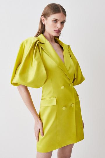 Italian Structured Satin Statement Sleeve Double Breasted Mini Dress lime yellow