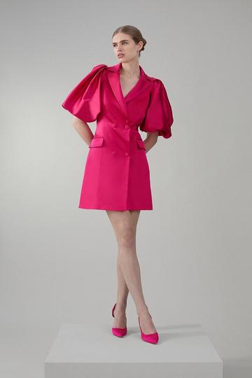 Italian Structured Satin Statement Sleeve Double Breasted Mini Dress magenta