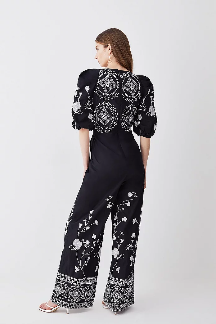 Tall Floral & Geo Embroidered Woven Jumpsuit | Karen Millen