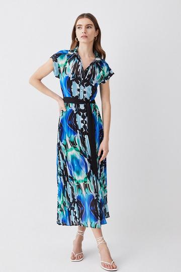 Mirrored Kaleidoscope Pleated Midi Shirt Dress blue