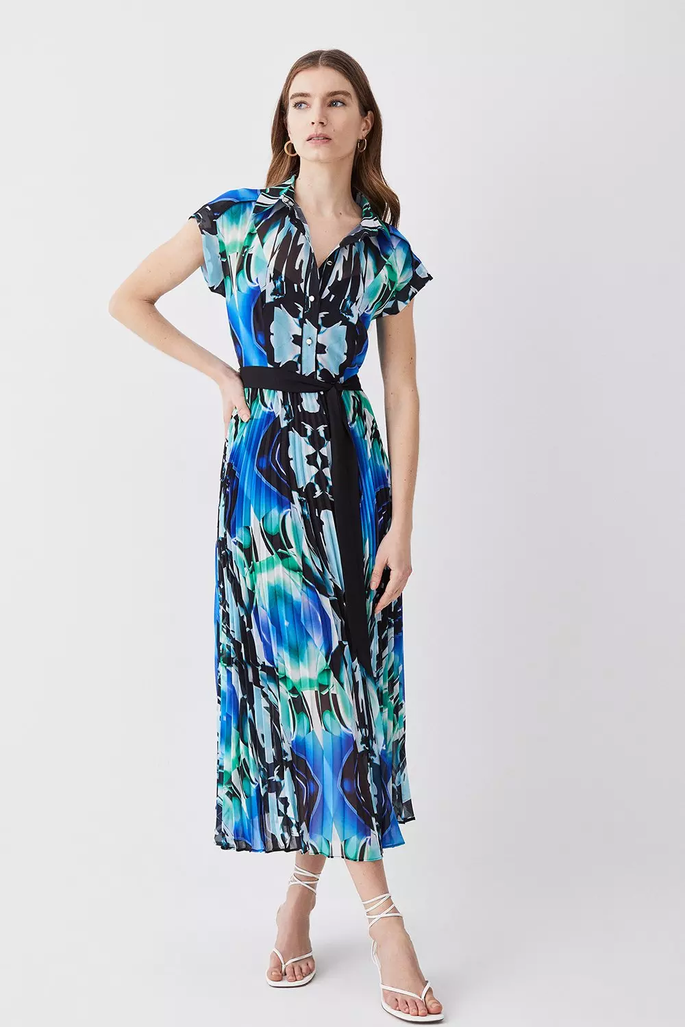 Mirrored Kaleidoscope Pleated Midi Shirt Dress