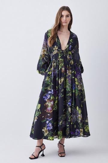 Silk Cotton Botanical Floral Woven Maxi Dress floral
