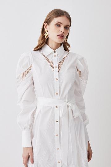 White Cotton Cutwork Midi Shirt Dress