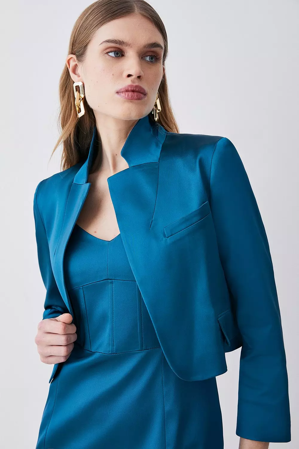 Italian Structured Satin Notch Neck Tailored Jacket