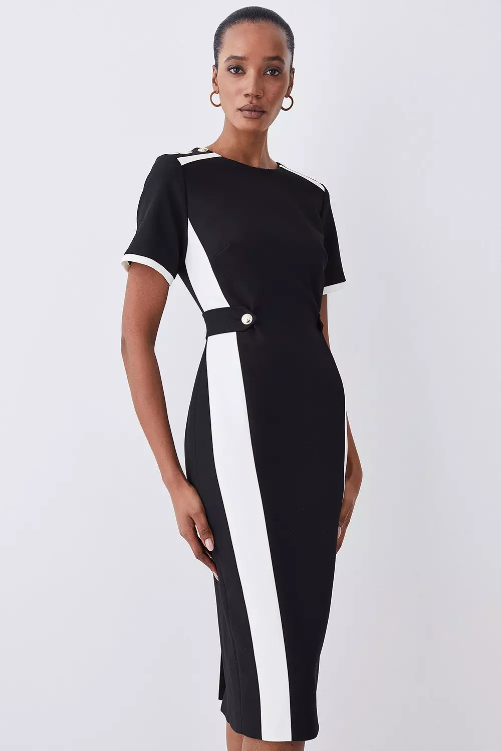 Compact Stretch Contrast Panel Midi Pencil Dress Karen Millen