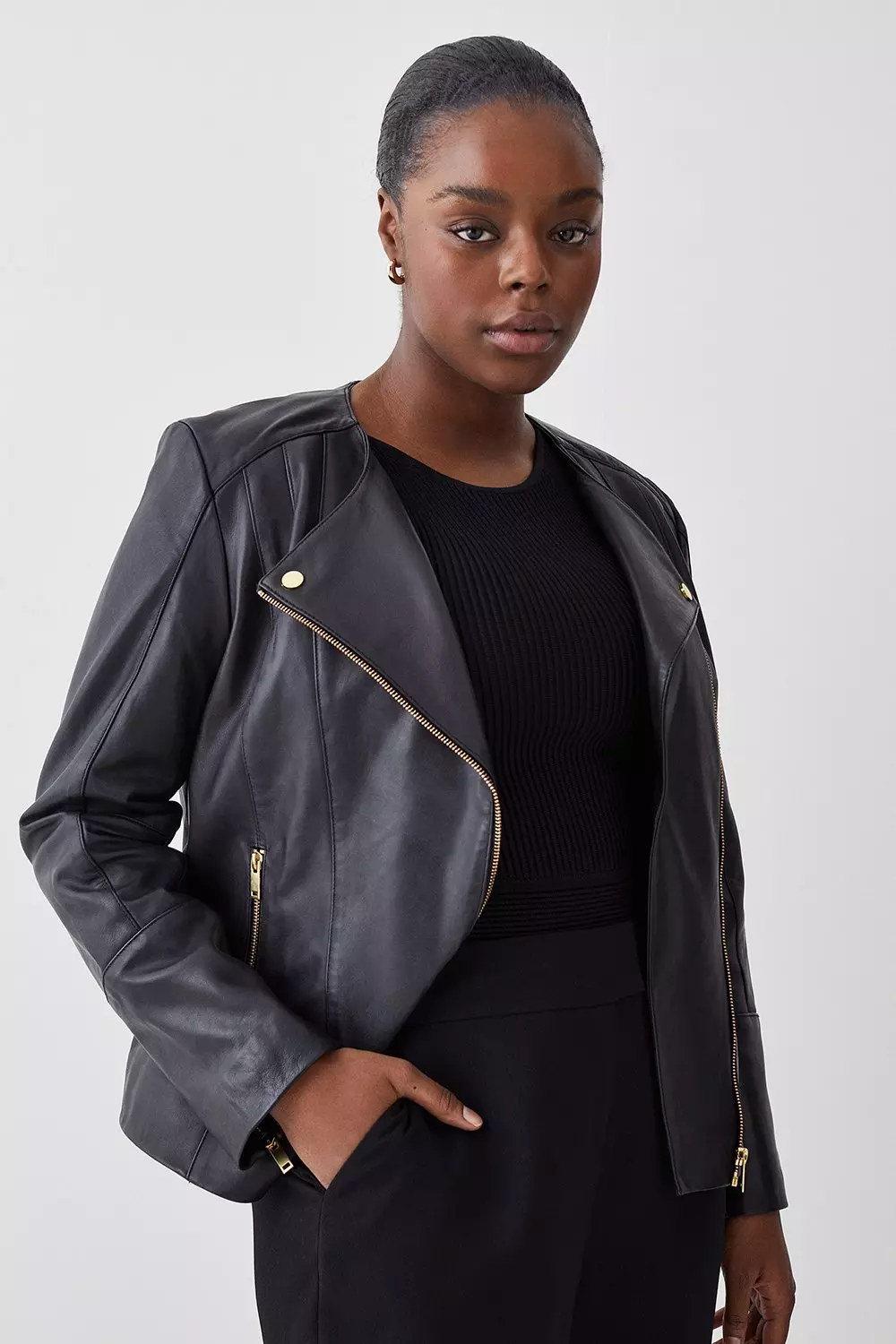 Black leather jacket plus sale