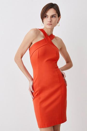 Rivet Detail Cross Neck Ponte Jersey Dress orange