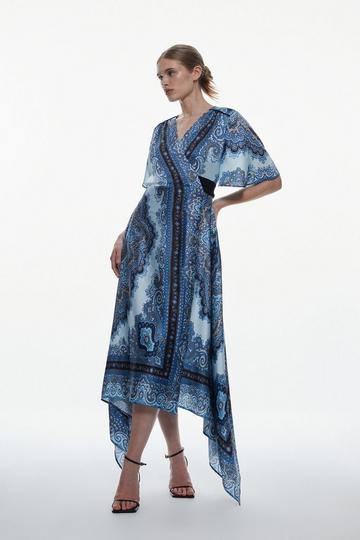 Blue Scarf Printed Hammered Satin Woven Wrap Midi Dress
