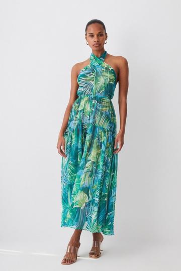 Green Tropical Printed Halter Woven Beach Maxi Dress